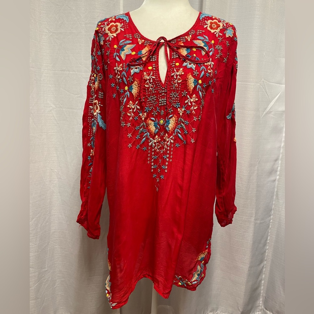 Johnny Was red embroidered boho tunic top | size large